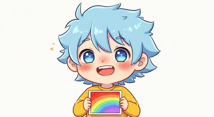 笑顔で虹を掲げる水色の髪の少年 輝く瞳で多様な愛を明るく表現するキュートなアニメイラスト. AI Generated