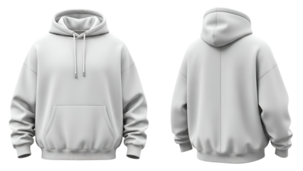 White oversized hoodie mockup front and back view isolated on black background