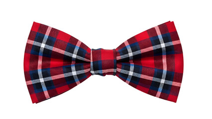 A vibrant red plaid bow tie featuring black and blue accents on a dark background