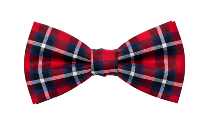 A vibrant red plaid bow tie featuring black and blue accents on a dark background