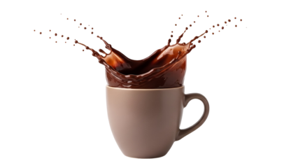 A dynamic splash of rich chocolate or coffee erupts from a simple mug against a black background