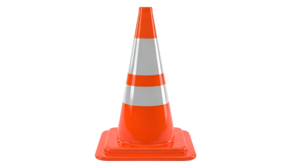 A bright orange traffic cone with reflective white stripes on a black background
