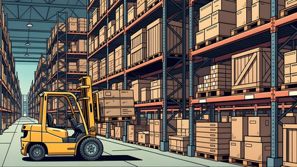 Vast Industrial Warehouse Interior with Stacked Shelves, Pallets, and Forklift Operating in Spacious Storage Facility for Logistics and Inventory Management - Flat vector illustration