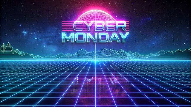 Neon cyber monday retro 80s grid background with futuristic sunrise glow for online sale promotion and digital marketing - Powered by Adobe
