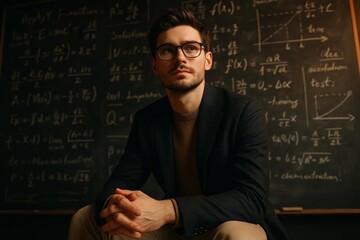 Young male teacher sitting in front of chalkboard filled with formulas, representing education, mathematics expertise and academic dedication.