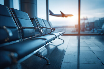 Modern Airport Waiting Area With Airplane Taking Off Outside