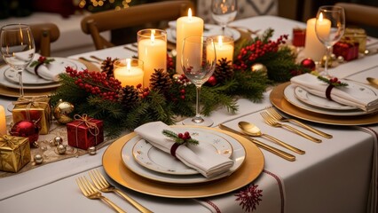 Luxurious Christmas dinner table setting with candles and gifts