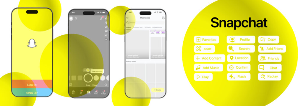 Snapchat mockup. Snapchat logo. Set Snapchat screen social media and social network interface template. Snapchat button. Vector illustration. Editorial 