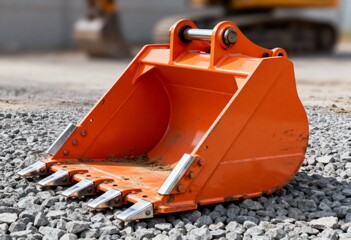Orange excavator bucket on gravel ground. Heavy machinery part for earthmoving and construction. Close up of digger scoop with metal teeth