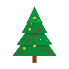 Fototapeta premium Flat design Christmas tree illustration with red and yellow ornaments and white snow dots on a white background, symbolizing the holiday season and festive celebrations