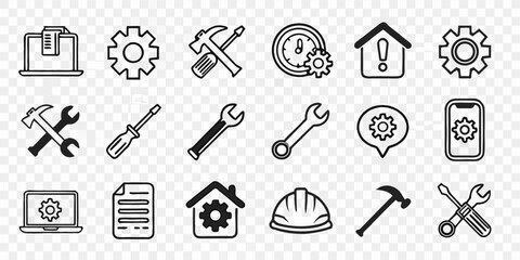 A collection of 18 minimalist line art icons, predominantly black, representing various tools and service-related concepts, is displayed against a transparent, checkered background. The icons are unif