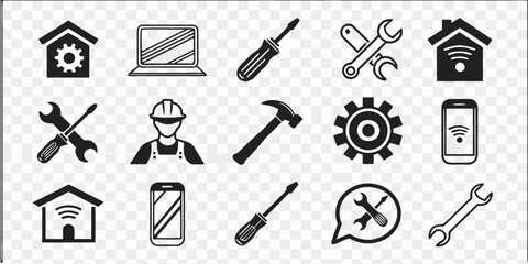 A collection of 18 minimalist line art icons, predominantly black, representing various tools and service-related concepts, is displayed against a transparent, checkered background. The icons are unif