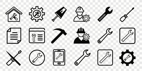 A collection of 18 minimalist line art icons, predominantly black, representing various tools and service-related concepts, is displayed against a transparent, checkered background. The icons are unif