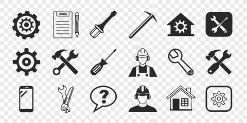 A collection of 18 minimalist line art icons, predominantly black, representing various tools and service-related concepts, is displayed against a transparent, checkered background. The icons are unif