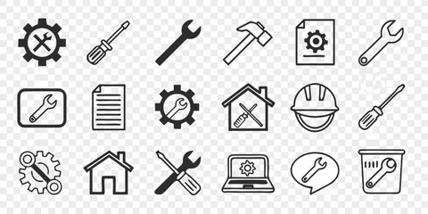 A collection of 18 minimalist line art icons, predominantly black, representing various tools and service-related concepts, is displayed against a transparent, checkered background. The icons are unif