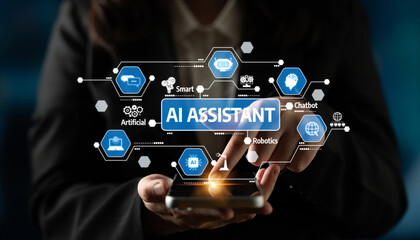 A modern businessman interacts with a smartphone, illustrating the concept of AI assistants through technology icons. Emphasizes innovation and digital solutions. Tessel