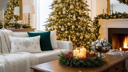Cozy living room with Christmas tree and warm fireplace