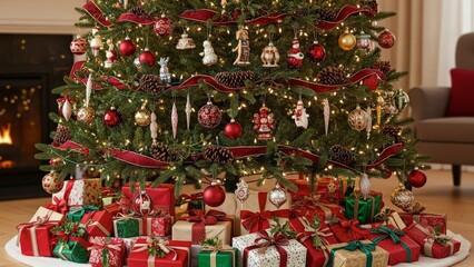 Cozy living room Christmas tree with colorful presents