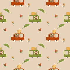 Monkey in car cartoon so cute. On pineapple banana watermelon flower background. Pattern seamless vector illustration. 