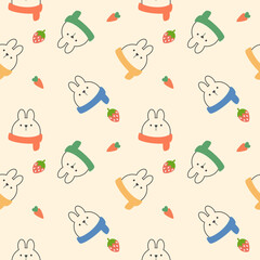 Face rabbit and scarf colorful cartoon so cute. On carrot strawberry background. Pattern seamless vector illustration. 