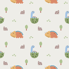 Dinosaur in eggshell cartoon so cute. On tree mountain grass background.  Pattern seamless vector illustration. 