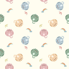 Cat colorful cartoon so cute. On cloud rainbow background. Pattern seamless vector illustration. 