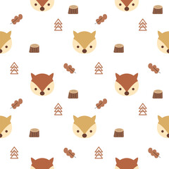 Face Fox cartoon so cute. On leaf tree stump background. Pattern seamless vector illustration. 