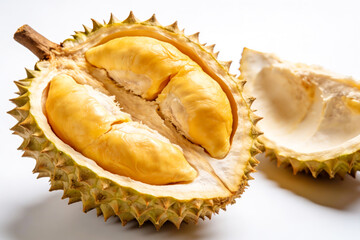 Fresh ripe durian fruit with a distinctive spiky shell and creamy golden yellow flesh, isolated on a clean background with studio lighting to emphasize its exotic tropical texture and natural details.