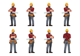 Construction worker in various poses with tool belt on