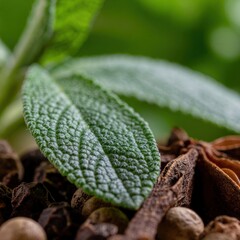 A close-up view of aromatic herbs and spices, showcasing intricate textures and vibrant green hues, perfect for culinary inspiration