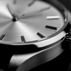 Close-up of a modern analog wristwatch in monochrome, accentuating its elegant brushed metal finish and precise timekeeping details, symbolizing sophistication and accuracy