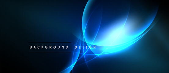 Dark blue abstract background. Bright glowing lines create dynamic, flowing shapes. Minimalist design with text overlay.