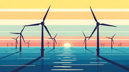 Offshore Wind Turbine On Calm Ocean At Dawn Depicting Renewable Energy Power, Clean Electricity Generation, Serene Marine Horizon With Sustainable Technology Concept