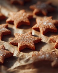 Christmas cookies on parchment, shallow depth of field, warm natural light, crisp sugar texture