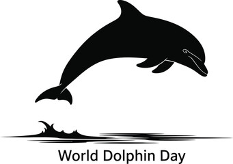 Black silhouette graphic celebrating world dolphin day featuring a leaping marine mammal above stylized water waves on a white background