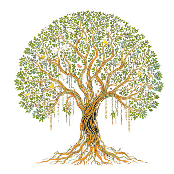 Flowing Banyan Tree Composition Expressed Through the Organic Visual Language of Gond Art