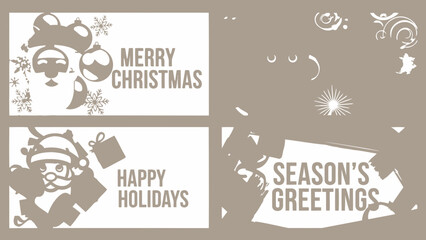 Christmas holiday greeting cards with cute cartoon reindeer and festive designs on white background
