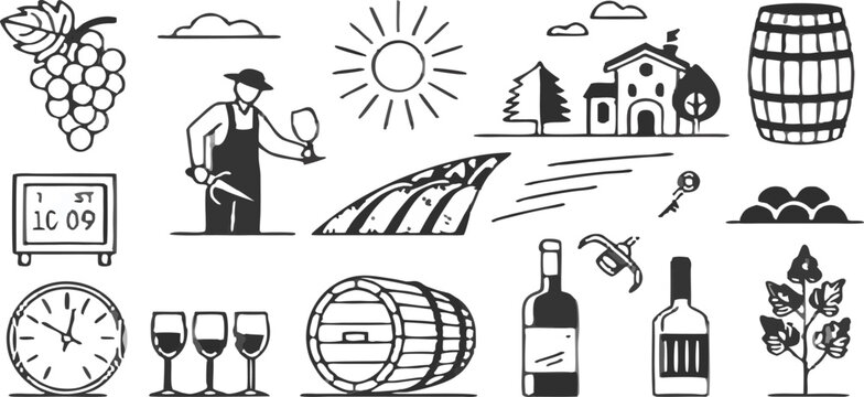 A collection of 21 stylized black and white line art icons, set against a transparent background. The icons depict elements associated with winemaking and wine consumption. The subjects include a bunc