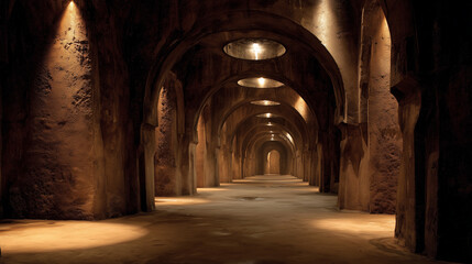 Fototapeta premium A silent subterranean post-human vault preserving cultural memory with glowing artifact chambers.Enormous subterranea cultural memory vault, glowing artifact chambers, preservation architecture.