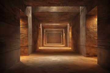 Fototapeta premium A silent subterranean post-human vault preserving cultural memory with glowing artifact chambers.Enormous subterranea cultural memory vault, glowing artifact chambers, preservation architecture.