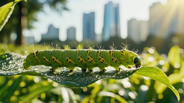 Caterpillar Crawling on Leaf With Water Drops, Cityscape in Background