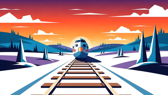 Snow-covered railway track stretching across a flat winter landscape as an approaching train emerges through frost and haze, minimalist travel scene conveying motion, distance, and cold season atmosph