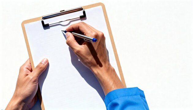 A medical professional writing on a blank paper on a clipboard. Top view of a doctor filling out a patient form. Healthcare and documentation concept with copy space