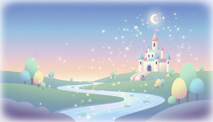 Fantasy Castle Under the Moonlight　Soft Pastel Storybook Night Landscape Illustration