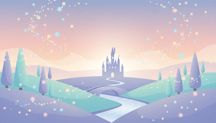 Fantasy Castle in Soft Glowing Light　Storybook Illustration Background in Gentle Pastel Colors