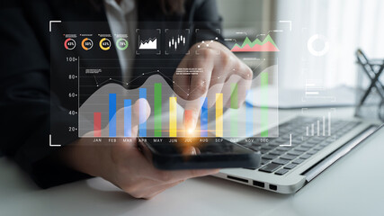 A business data analysis and performance monitoring dashboard. A collection of charts and graphs for strategic review and company evaluation. Motif
