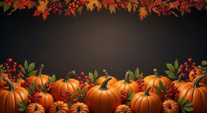 Autumn harvest pumpkins gourds leaves festive fall season decorations border illustration