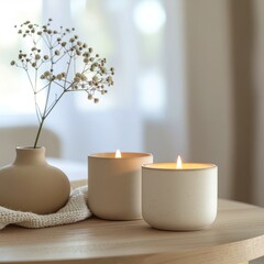 Cozy home ambiance with two lit candles and a delicate sprig of baby's breath in a ceramic vase on a wooden table