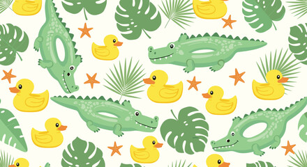 Obraz premium A playful seamless pattern for kids featuring green crocodile and yellow duck inflatable pool floats with tropical monstera leaves.