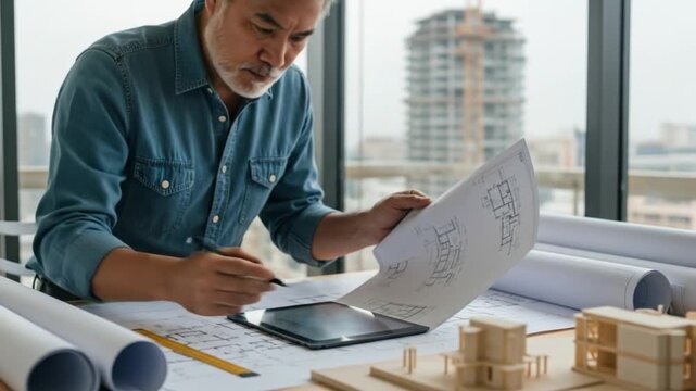 Experienced architect reviewing blueprints and digital plans with a building model and city view